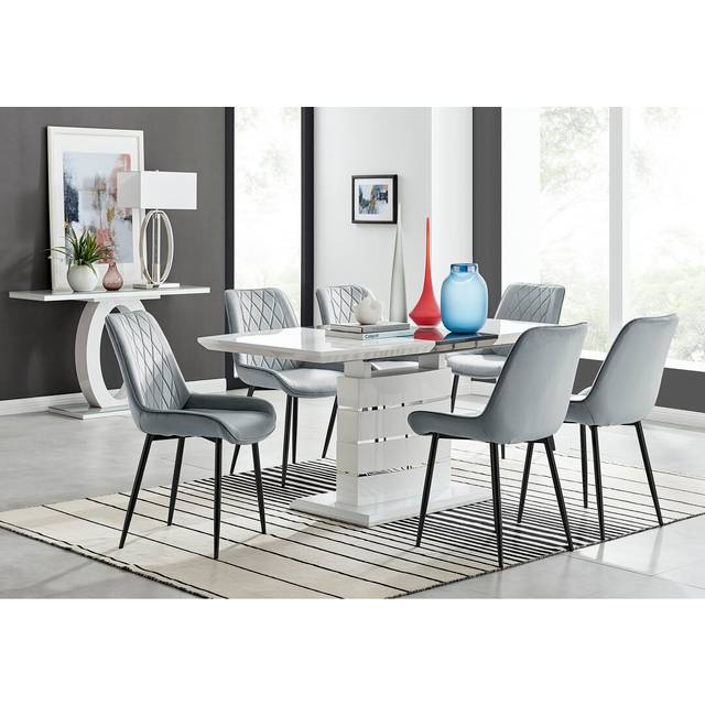 Renne Modern High Gloss Extendable Dining Table Set With 6 Luxury Velvet Dining Chairs - Black