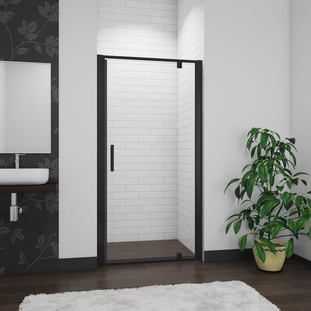 (760mm) BLACK Frame Pivot Shower Door Enclosure Glass
