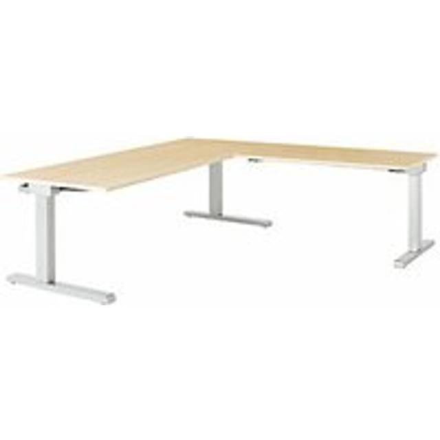 mauser height 650 – 850 mm, with angled extension desk, height 650 - 850 mm, with angled extension desk, WxD 1800 x 800 mm, maple finish / aluminium silver, angled extension on the right (width 1200 mm)