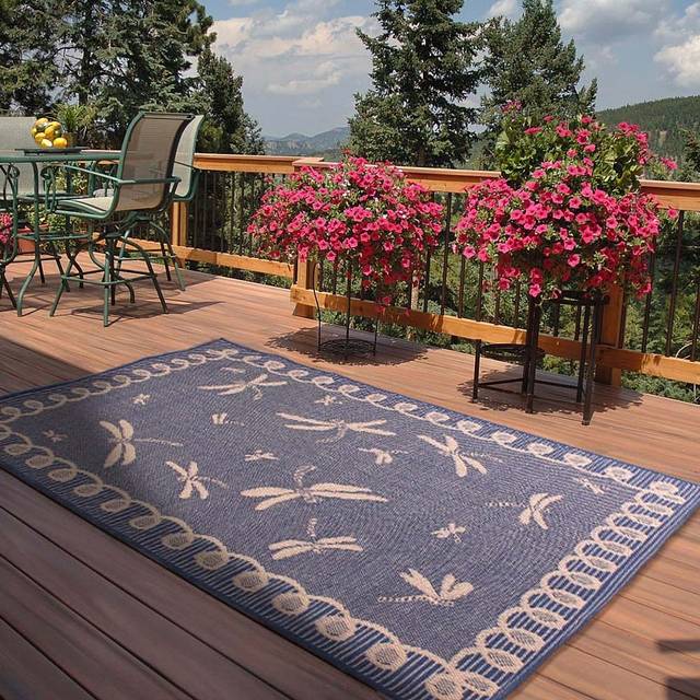 Lord Of Rugs - Terrace Dragonfly Flatweave Outdoor Indoor Bordered Round Blue Rug in 160 x 160 (5'3''x5'3'') Round