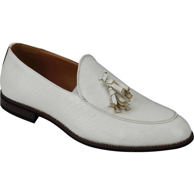 (45, White) Mens Vintage Snakeskin Print Shiny Leather Tassel Loafers Smart Casual MOD Shoes