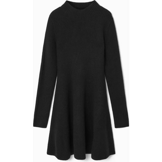 Knitted Wool Flared Mini Dress - Black - XS