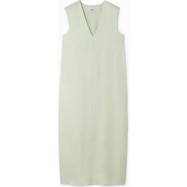 V-Neck Linen-Blend Dress in Green - 38