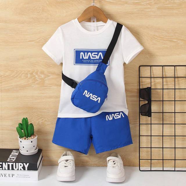 SHEIN 3pcs/Set Toddler Boys Casual T-Shirt + Shorts + Bag, Cute, Sports, Fashion, Street, Spring/Summer Getaway, Holiday, Travel, Relax, Sunbathing