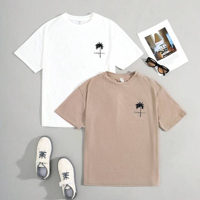 SHEIN 2pcs Teen Boys&#39; Casual Coconut Tree Printed Short Sleeve T-Shirts