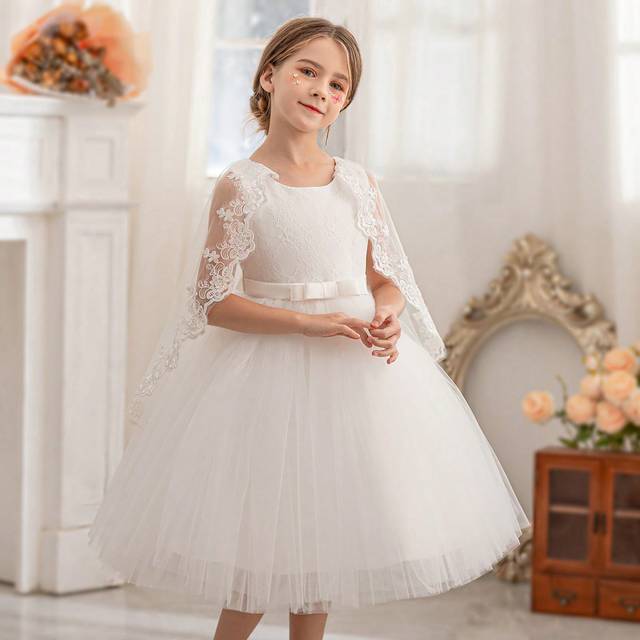 SHEIN Young Girl Lace Contrast Mesh Cape Dress Elegant Princess Party Frock, Suitable For Girls Birthday Party, Wedding, Flower Girl, Prom, Holiday Celebrat