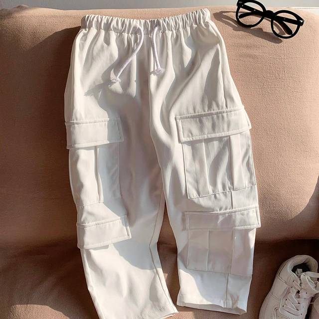 Ung pojke Casual Street Style Elastisk midja med dragsko Enfärgad Flera dekorativa fickor Cargo Byxor - Vitt (6Y,7Y,4Y,5Y)