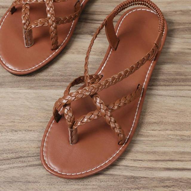 SHEIN 1 Pair Roman Sandals For Teens, PU Thong Woven Criss-Cross Strap, Elastic Band Ankle Strap, TPR Non-Slip Sole, Comfortable Flat Beach Slippers For Boy