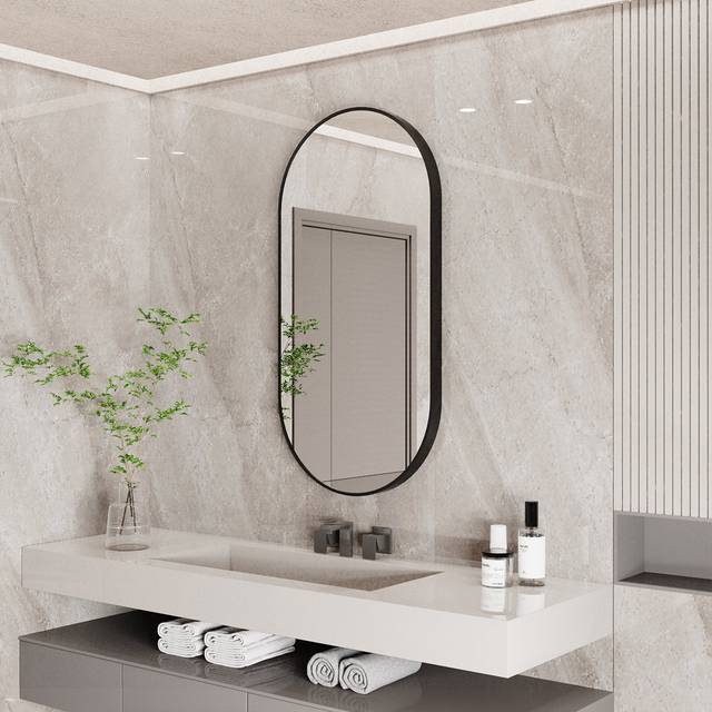 Liel Oval Metal Framed Wall Mounted Bathroom Mirror in Black (100cm H X 50cm W X 3cm D)