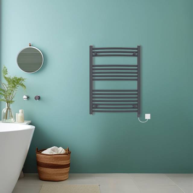 (Anthracite, 800x600mm) Bathroom Curved Prefilled Electric Heated Towel Rail Ladder Warmer Radiator