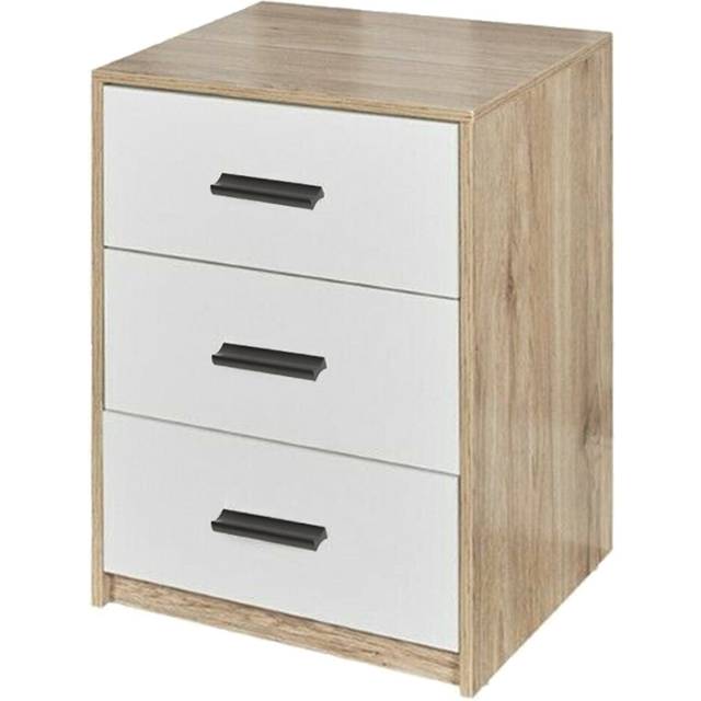 (Oak Carcass with White Drawers) 3 Tier Wooden Bedside Nightstand Cabinet Table