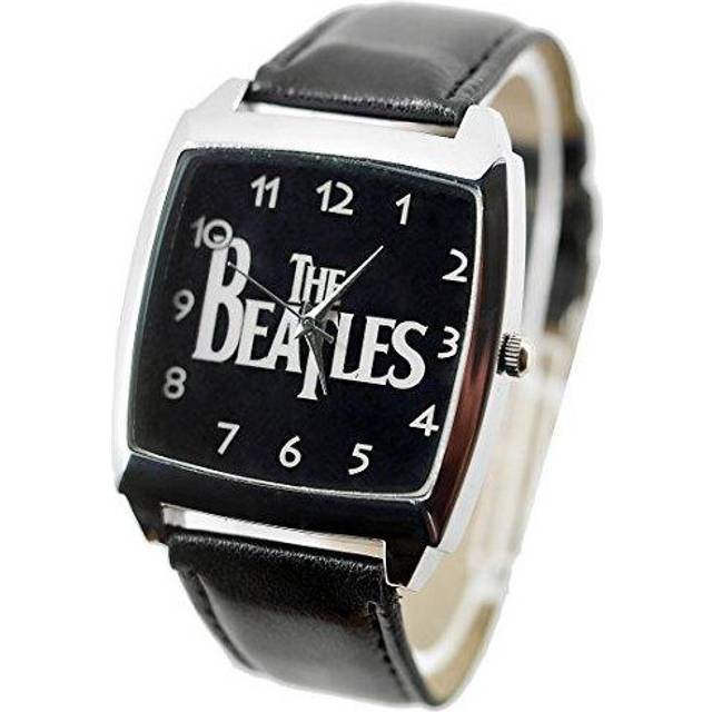 The Beatles Quartz Square Watch Real Leather Band Bw Text Dial  Black