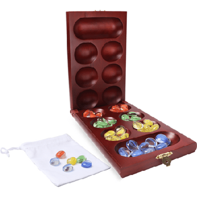 GSE Folding Wooden Mancala Board Game with Multi-Color Glass Stones and Storage Bag  Portable Family Travel Strategy Games Set for Kids & Adults (Maho
