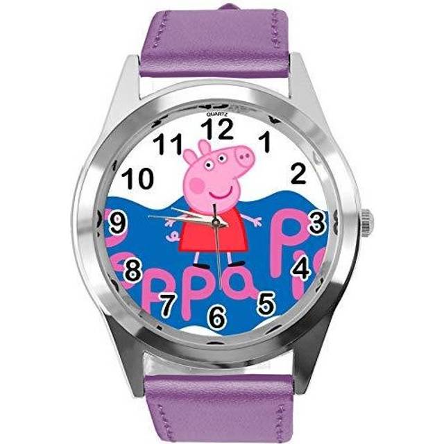 Quartz Watch Violet Leather Band Round for Peppa Pig Fans - Purple