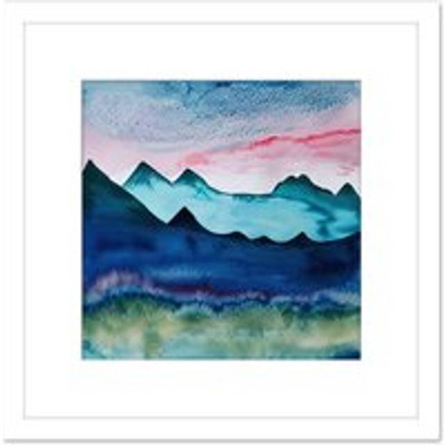 Watercolour Mountain Meadow Pink Sky Modern Ink On Paper Style Square Wooden Framed Wall Art Print Picture 8X8 Inch - White - One Size
