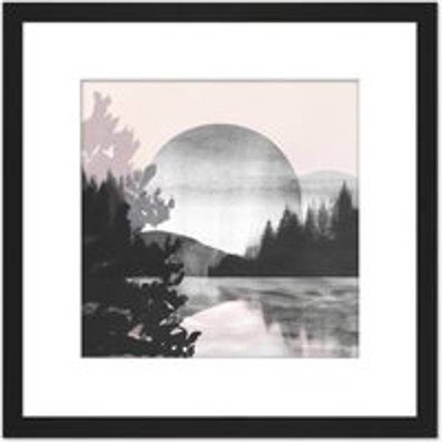 Large Full Moon Over Lakeside Landscape Watercolour and Ink Illustration Square Wooden Framed Wall Art Print Picture 8X8 Inch - Black - One Size