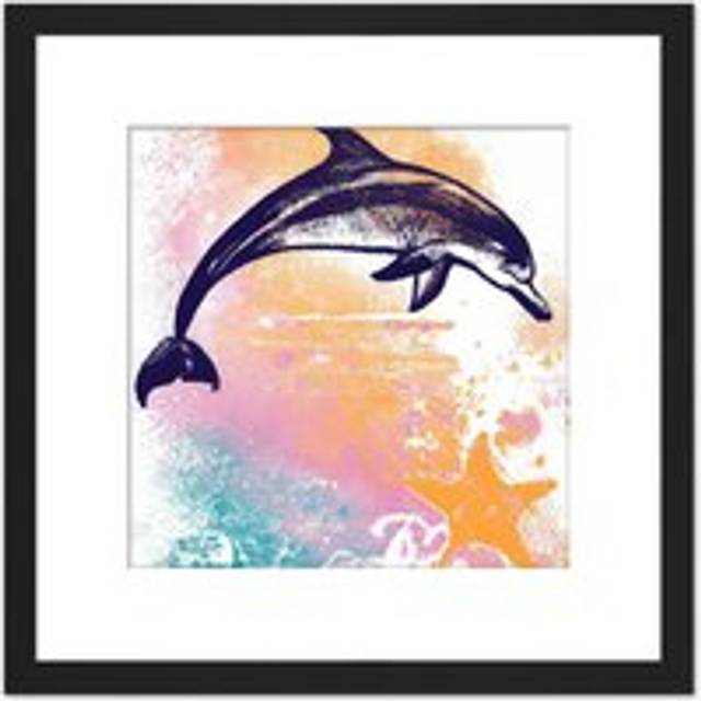 Dolphin Jumping Out of Ocean Sunset Starfish Pastel Watercolour Painting Square Wooden Framed Wall Art Print Picture 8X8 Inch - Black - One Size