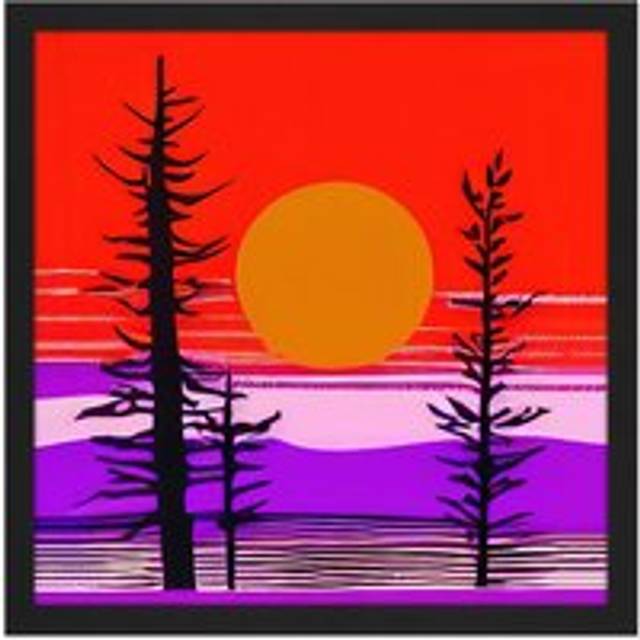 Wall Art Print Red Sky Sunset By Lake With Tree Outlines Colourful Landscape Modern Orange Red Purple Stencil Square Framed Picture 16X16 Inch - Black - W16 inch x H16 inch