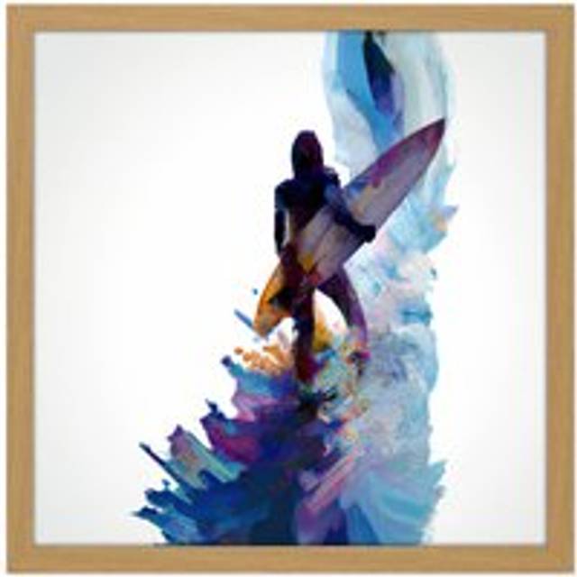 Wall Art Print Surfer Surfing Surf Simple Abstract Watercolour Painting Water Sport Blue Purple White Square Framed Picture 16X16 Inch - Tan - W16 inc - W16 inch x H16 inch