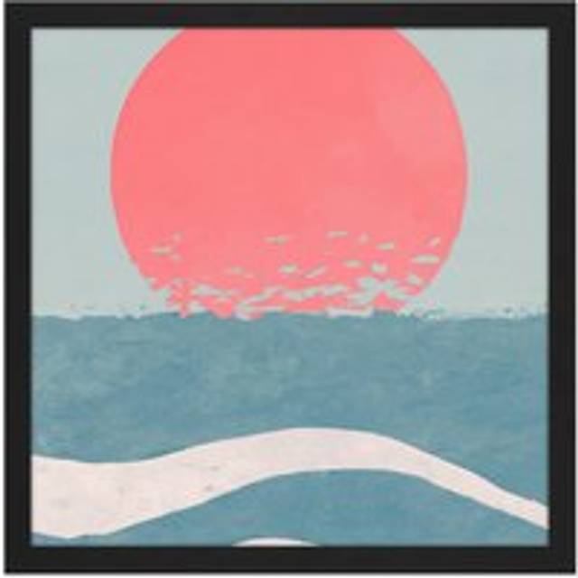 Wall Art Print Japan Inspired Ocean Sunset Sunrise Seascape Abstract Pastel Painting Square Framed Picture 16X16 Inch - Black - W16 inch x H16 inch