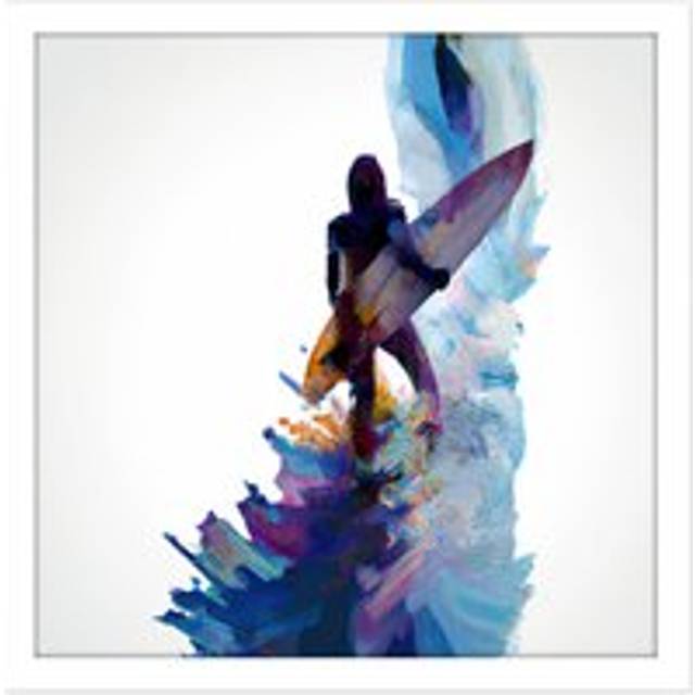 Wall Art Print Surfer Surfing Surf Simple Abstract Watercolour Painting Water Sport Blue Purple White Square Framed Picture 16X16 Inch - W16 inch x H1 - W16 inch x H16 inch