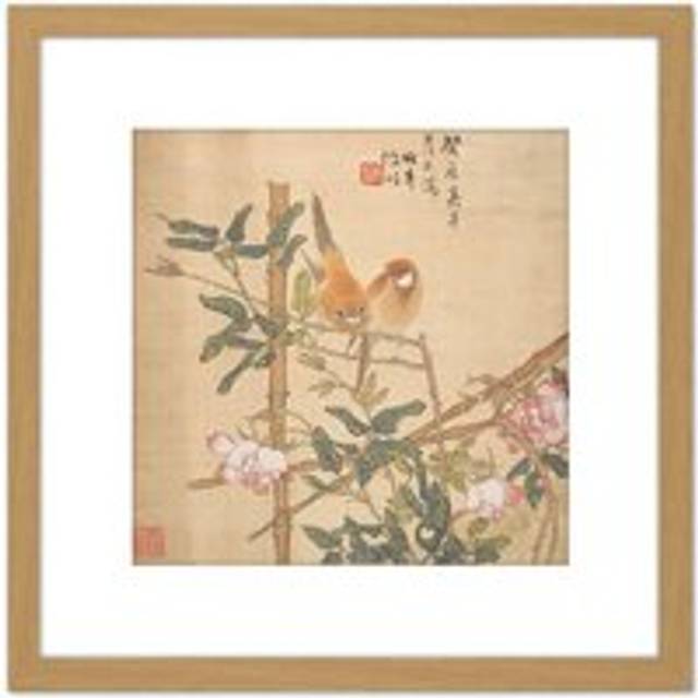 Ren Yi Two Birds Perched Rose Bush Painting 8X8 Inch Square Wooden Framed Wall Art Print Picture with Mount - Tan - One Size