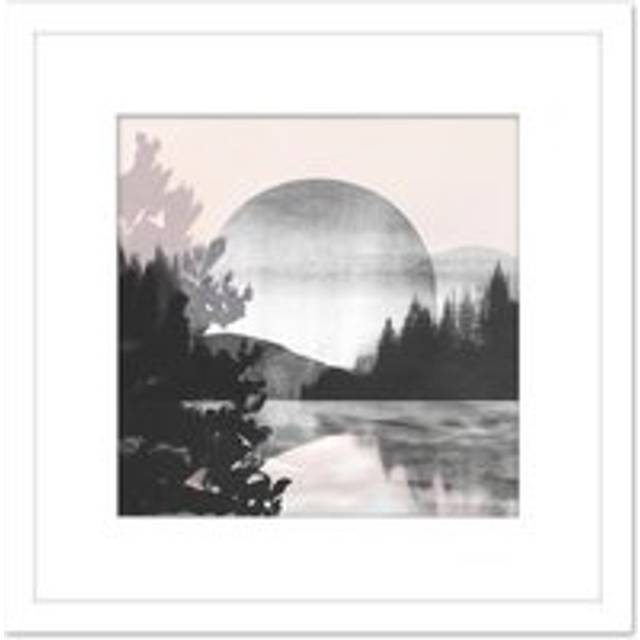 Large Full Moon Over Lakeside Landscape Watercolour and Ink Illustration Square Wooden Framed Wall Art Print Picture 8X8 Inch - White - One Size