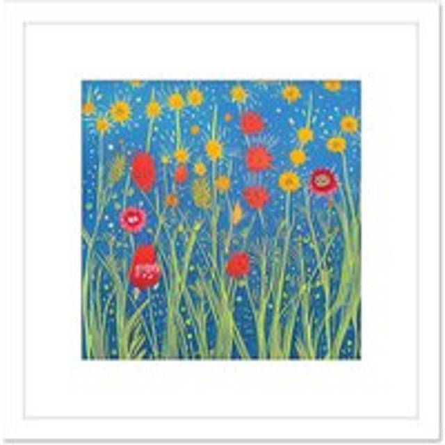 Field of Red and Yellow Wildflowers in Bloom Abstract Acrylic Paint Square Wooden Framed Wall Art Print Picture 8X8 Inch - White - One Size