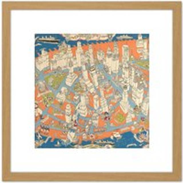Zaidenberg 1938 Pictorial Map Manhattan History 8X8 Inch Square Wooden Framed Wall Art Print Picture with Mount - One Size - Tan