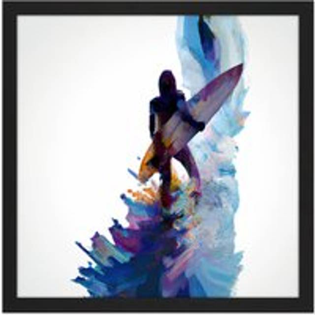 Wall Art Print Surfer Surfing Surf Simple Abstract Watercolour Painting Water Sport Blue Purple White Square Framed Picture 16X16 Inch - Black - W16 i - W16 inch x H16 inch