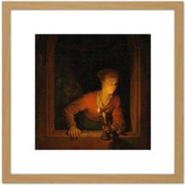 Gerard Dou Girl With Oil Lamp At Window Painting 8X8 Inch Square Wooden Framed Wall Art Print Picture with Mount - Tan - One Size