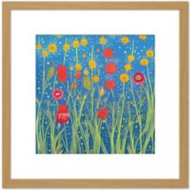 Field of Red and Yellow Wildflowers in Bloom Abstract Acrylic Paint Square Wooden Framed Wall Art Print Picture 8X8 Inch - Tan - One Size