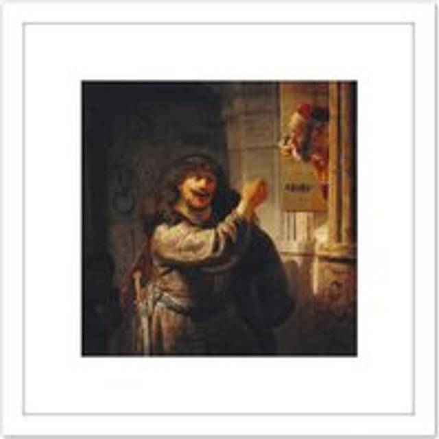 Rembrandt Samson Threatened His Father In Law 8X8 Inch Square Wooden Framed Wall Art Print Picture with Mount - White - One Size