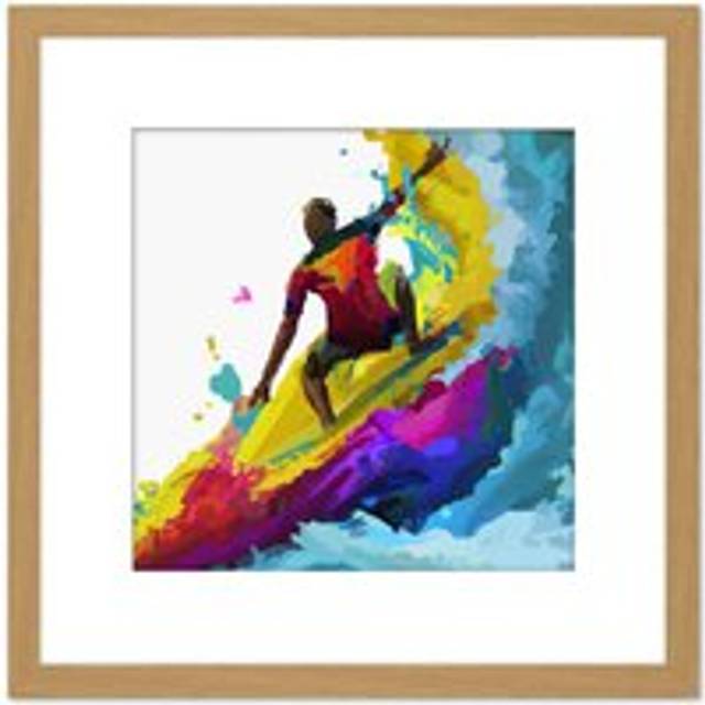 Surfer Cutback In Motion Vibrant Abstract Multicoloured Watercolour Painting Surfing Water Sport Square Wooden Framed Wall Art Print Picture 8X8 Inch - Tan - One Size