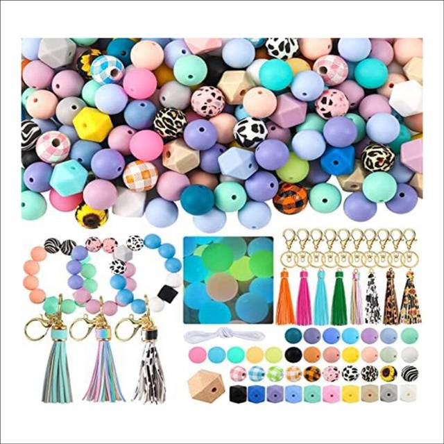 221Pcs 15Mm Bulk Silicone Rubber Keychain Beads with Tassels and Key Chain for DIY Keychain Making Supplies