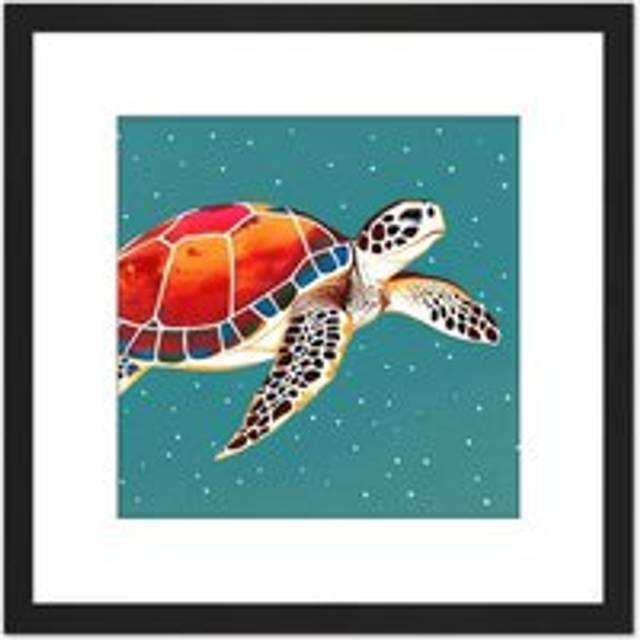 Loggerhead Turtle Red Blue Shell Animal Watercolour Ink Stamp Square Wooden Framed Wall Art Print Picture 8X8 Inch - Black - One Size