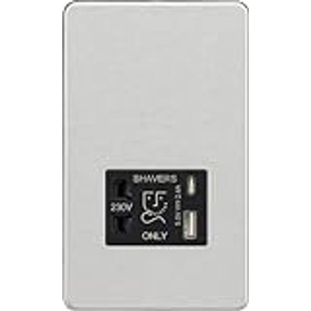 Knightsbridge Shaver socket with dual USB A+C (5V DC 2.4A shared) - brushed chrome with black insert - SF8909BC