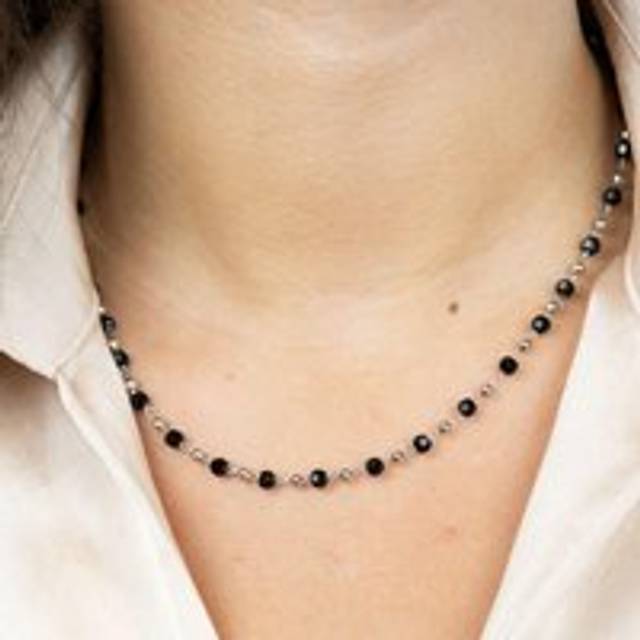 Black Crystal Beaded Silver Gold Asian Nazar Mangalsutra Choker Necklace - 16 inches