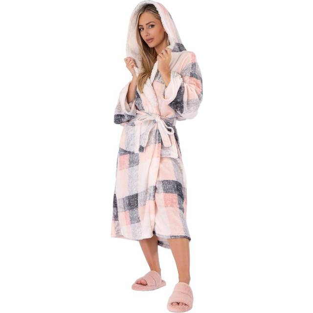 Dreamscene Check Hooded Dressing Gown Fleece Bathrobe - Blush Pink