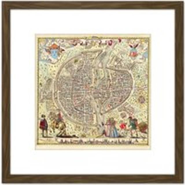 Map Rossingol 1576 Paris City Plan Pictorial 8X8 Inch Square Wooden Framed Wall Art Print Picture with Mount - Brown - One Size