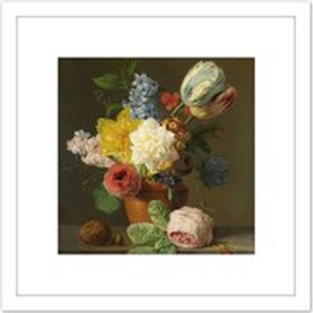 Oberman Still Life With Flowers Nuts Painting 8X8 Inch Square Wooden Framed Wall Art Print Picture with Mount - White - One Size