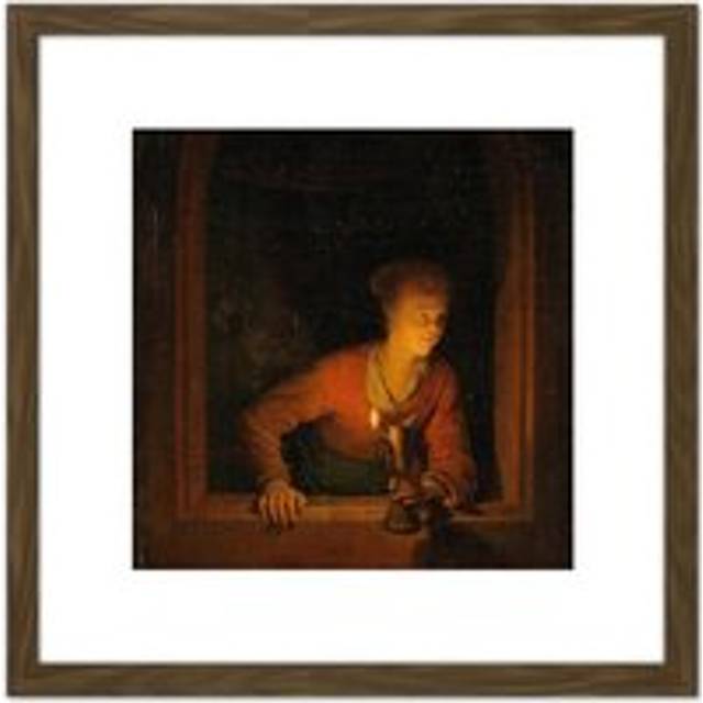 Gerard Dou Girl With Oil Lamp At Window Painting 8X8 Inch Square Wooden Framed Wall Art Print Picture with Mount - Brown - One Size