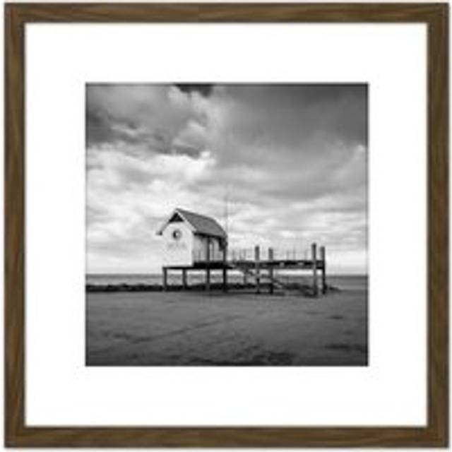 Morecambe Sailing Club Pier Kiosk Black White Photo 8X8 Inch Square Wooden Framed Wall Art Print Picture with Mount - Brown - One Size