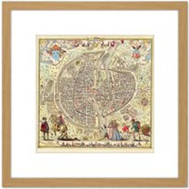 Map Rossingol 1576 Paris City Plan Pictorial 8X8 Inch Square Wooden Framed Wall Art Print Picture with Mount - Tan - One Size