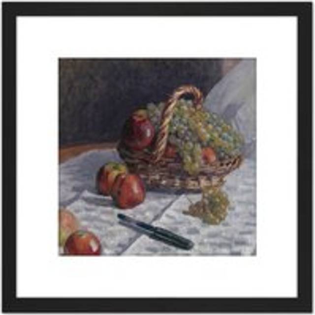 Alfred Sisley Apples And Grapes In A Basket Painting 8X8 Inch Square Wooden Framed Wall Art Print Picture with Mount - Black - One Size