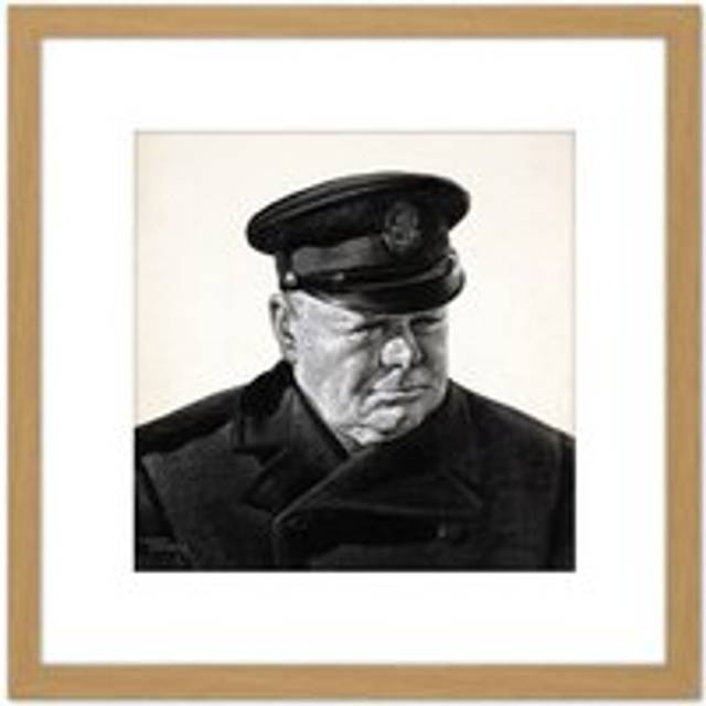 Stone Portrait UK Prime Minister Winston Churchill Painting 8X8 Inch Square Wooden Framed Wall Art Print Picture with Mount - Tan - One Size