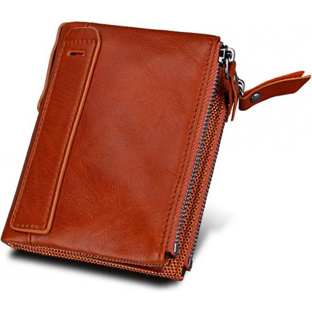 Genuine Cowhide PU Leather Men Wallets Double Zipper Short Purse Coin Pockets Anti RFID Card Holders orange