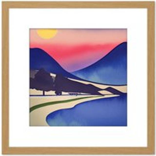 Modern Sunset Pink Abstract Lake Windermere Watercolour Painting Square Wooden Framed Wall Art Print Picture 8X8 Inch - Tan - One Size