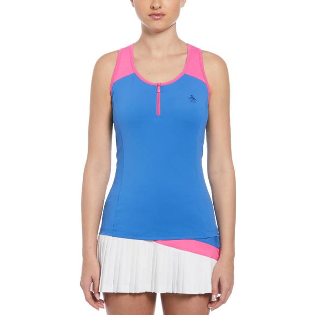 Original Penguin Women's Color Block Quarter Zip Tennis Tank in Nebulas Blue, Size XL, Recycled Polyester/Elastane (XL)