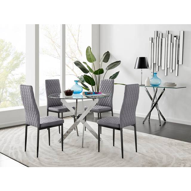 Novara 100cm Round Dining Table and 4 Velvet Milan Black Leg Chairs - Grey